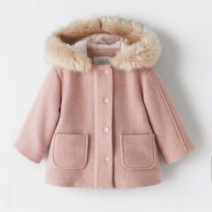 Zara Pink Kids Puffer Jacket with Faux Fur Hood